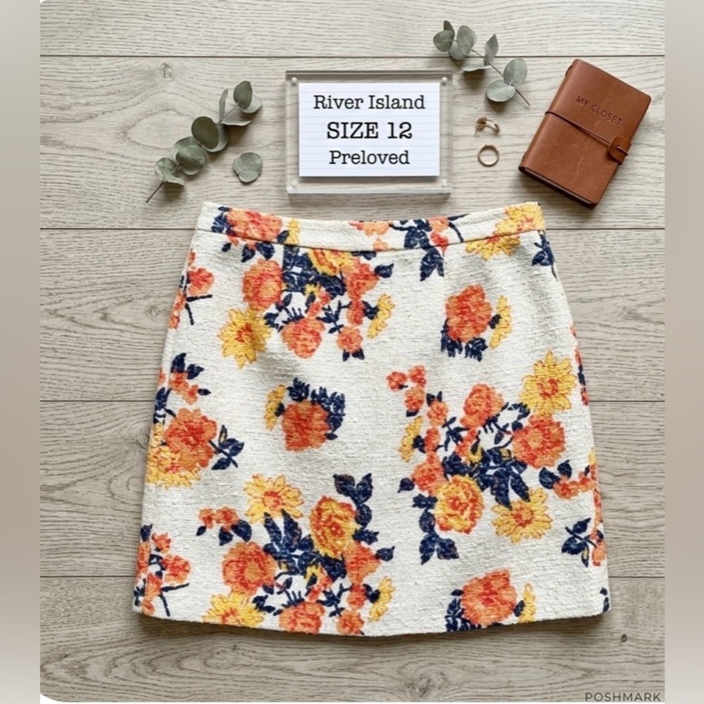 River Island Floral Women's Skirt - White, Orange, Yellow Size 12